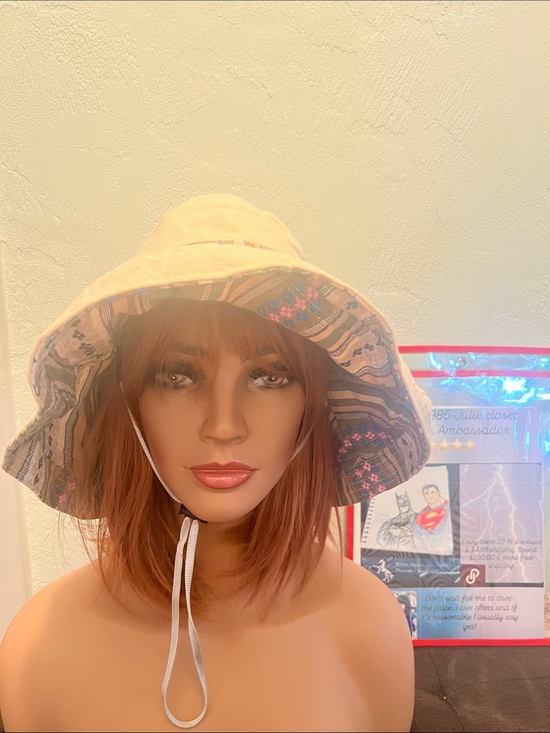 Beige Sunhat Vintage Style Accessories - #2349*”6x17” Beige Neutral & Pattern Reversible Sun Hat with Chin Strap